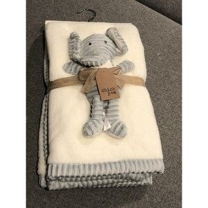 Chick Pea Plush Baby Blanket Elephant Stuffed Toy Set Ivory Gray Ribbed Trim New